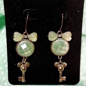 Aqua Green & Gold Kingdom Keys Pierced Resin Bow Earrings